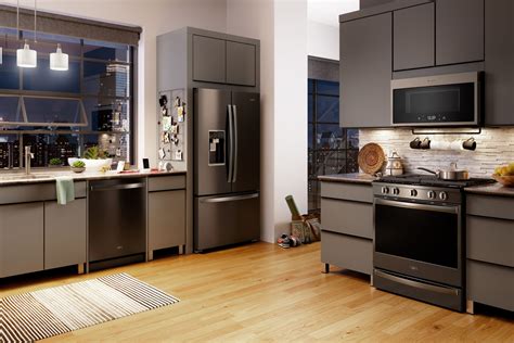 dark kitchen cabinets stainless steel appliances|black stainless steel cabinet color schemes.